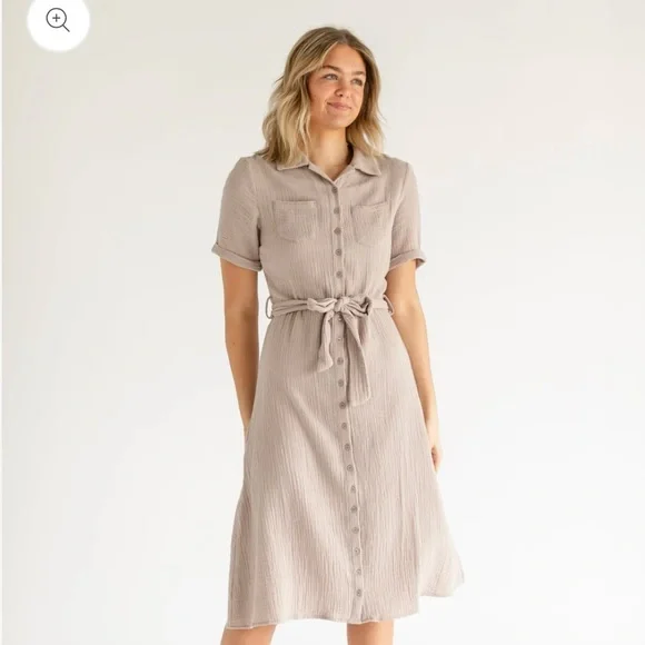 Button-Front Midi Shirt Dress in Taupe - Picture 2 of 7